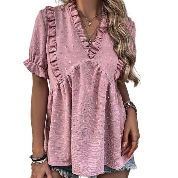 La Mode Tops - La Mode Russet Red Swiss Dot Ruffle Accent V Neck Top Size XL
